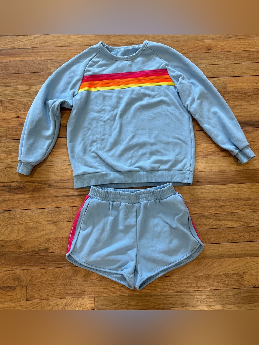 Blue Rainbow Stripe Sweatshirt Shorts Set Cozy Lounge Matching Set